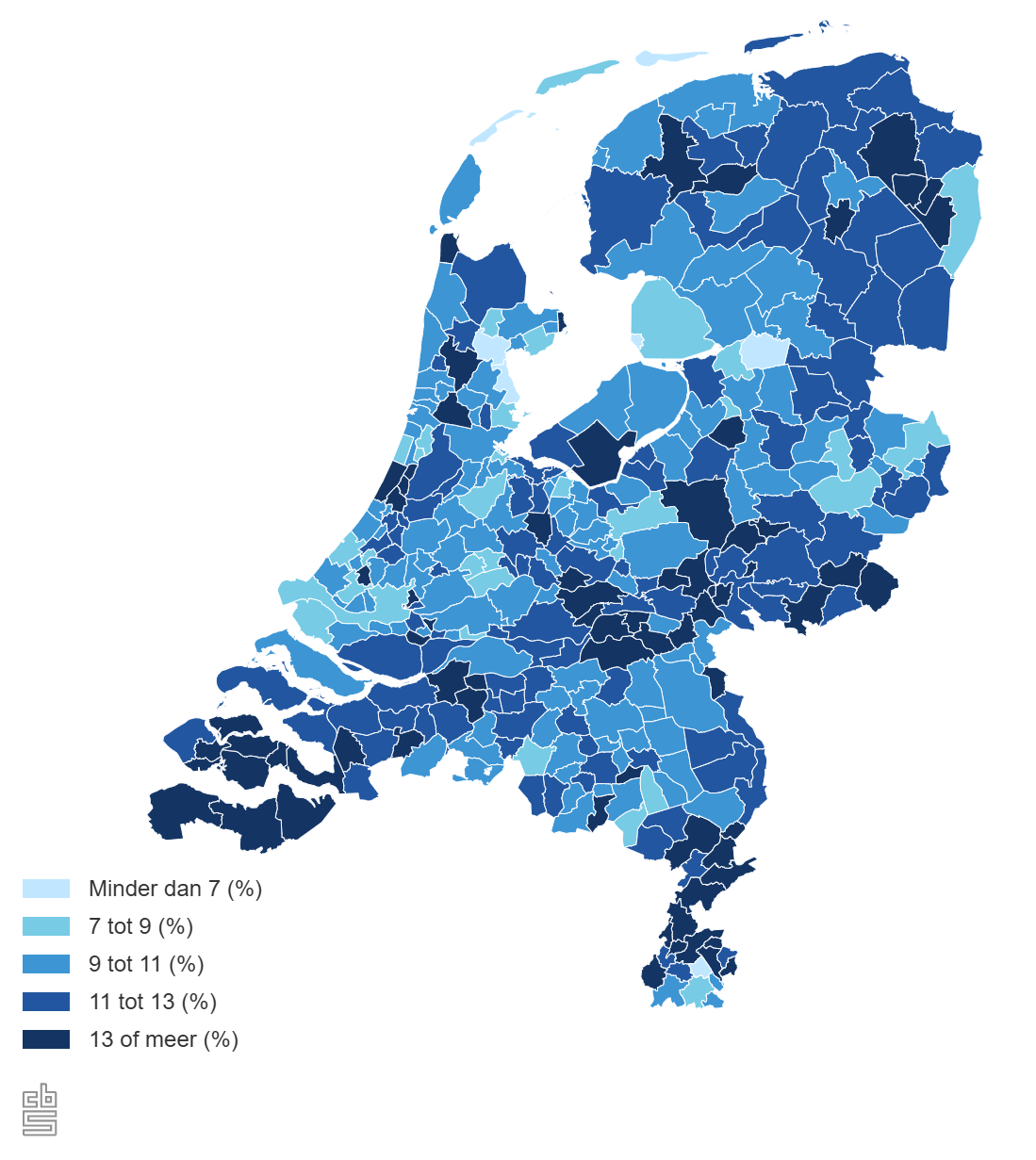 landkaart nederland met verspreiding jeugdhulp 0-18 jaar per regio