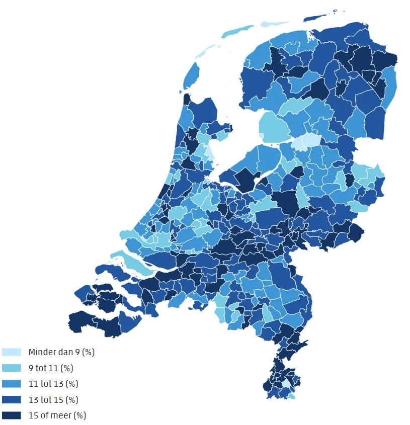 Kaart van Nederland met overzicht verspreiding per gemeente ingezette Jeugdzorg 2024 bron CBS